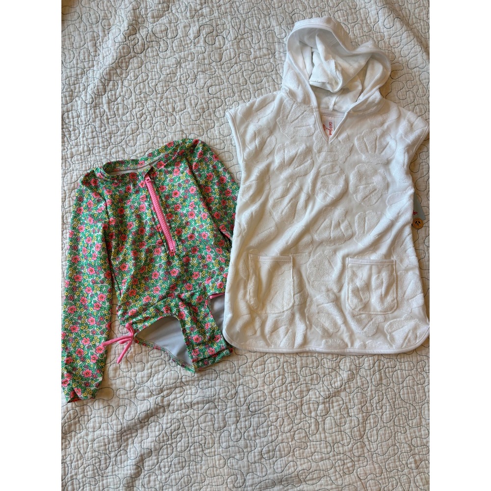 Cat & Jack Girls 4T Floral Long Sleeve Rash Guard Swimsuit‎ & Shell Cover-Up Set